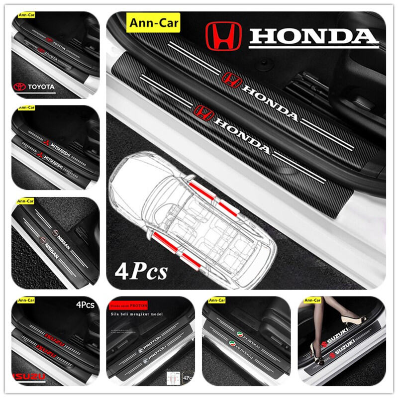 【Ann-Car】4pc/Set Car Door Side Step Sill Strip Carbon Fibre Leather Anti Scratch Protector Sticker Fiber for For Honda Civic BRV XR-V CR-Z CRV HRV City Accord Legend Jazz VTi Fit Mobilio VEZEL