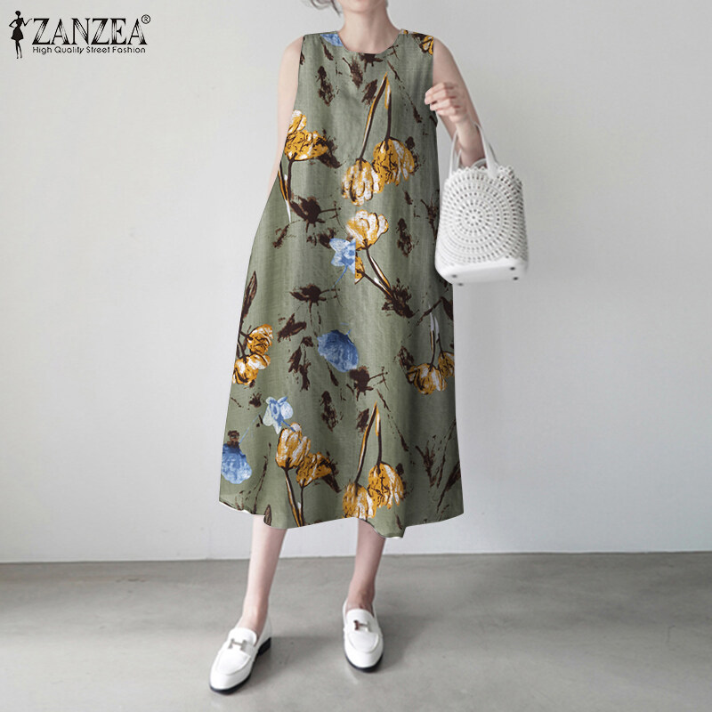 ZANZEA Womens Elegant A Line Dress Crew Neck Loose Party Beach Print Midi Dress