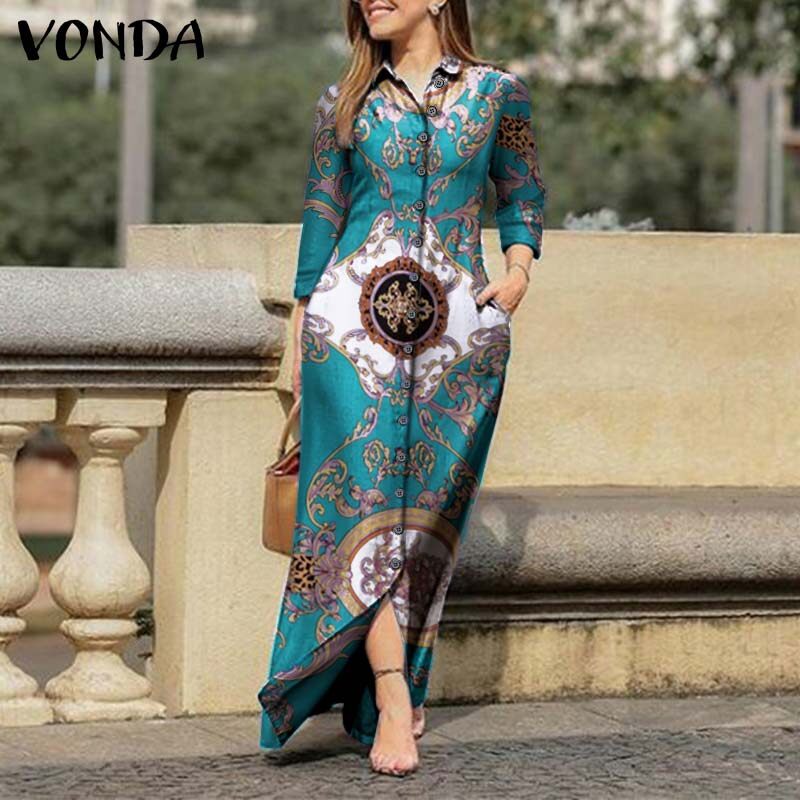 VONDA Womens Vintage Printed Shirt Dress Long Sleeve Floral Tunic Dress T-Shirt Dress (Western Causal)