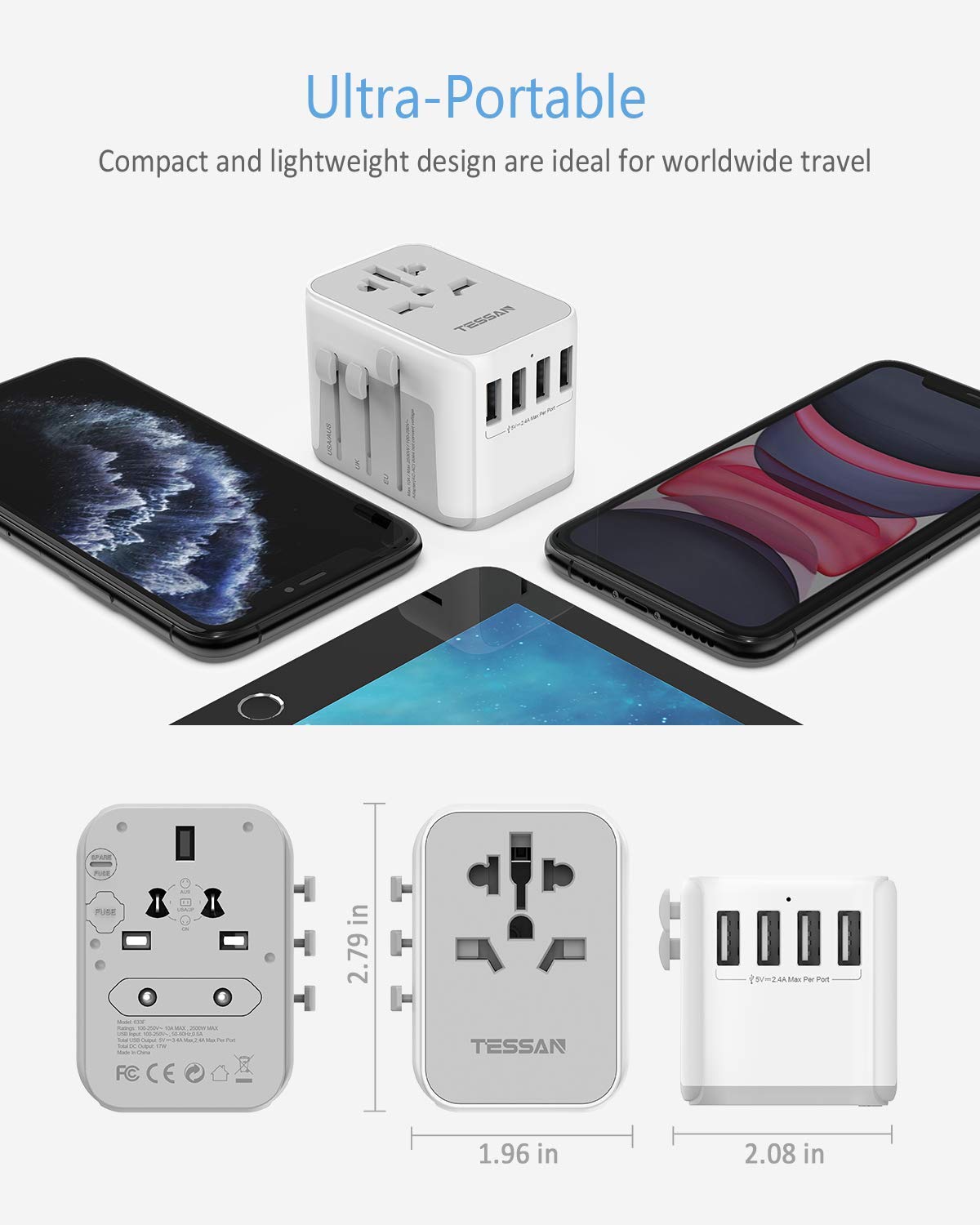 International Travel Adapter with 4 USB Outlets + 1 Universal Outlets, TESSAN Socket European Power Plug Adaptor Worldwide All in One Wall Charger Converter  Travel Plug USB Charger Power Adaptor for 