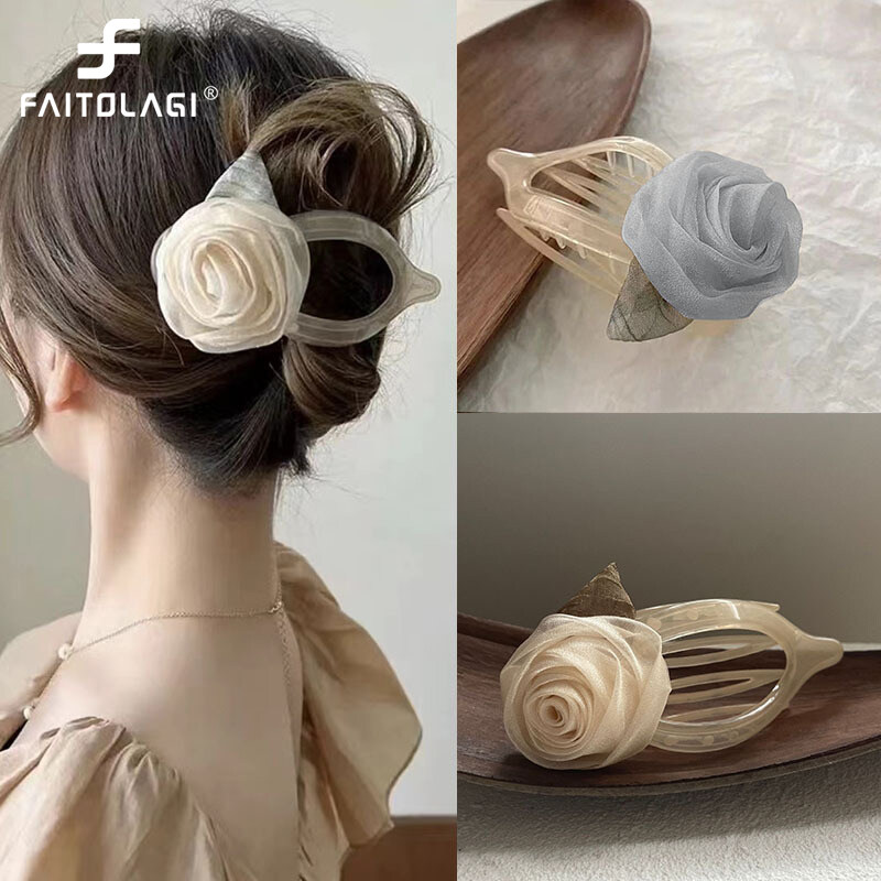 French Lace Mesh Camellia Hair Claws for Women Romantic Flower Hair Clips Korean Style Retro Elegant Barrettes Female Hair Accessories