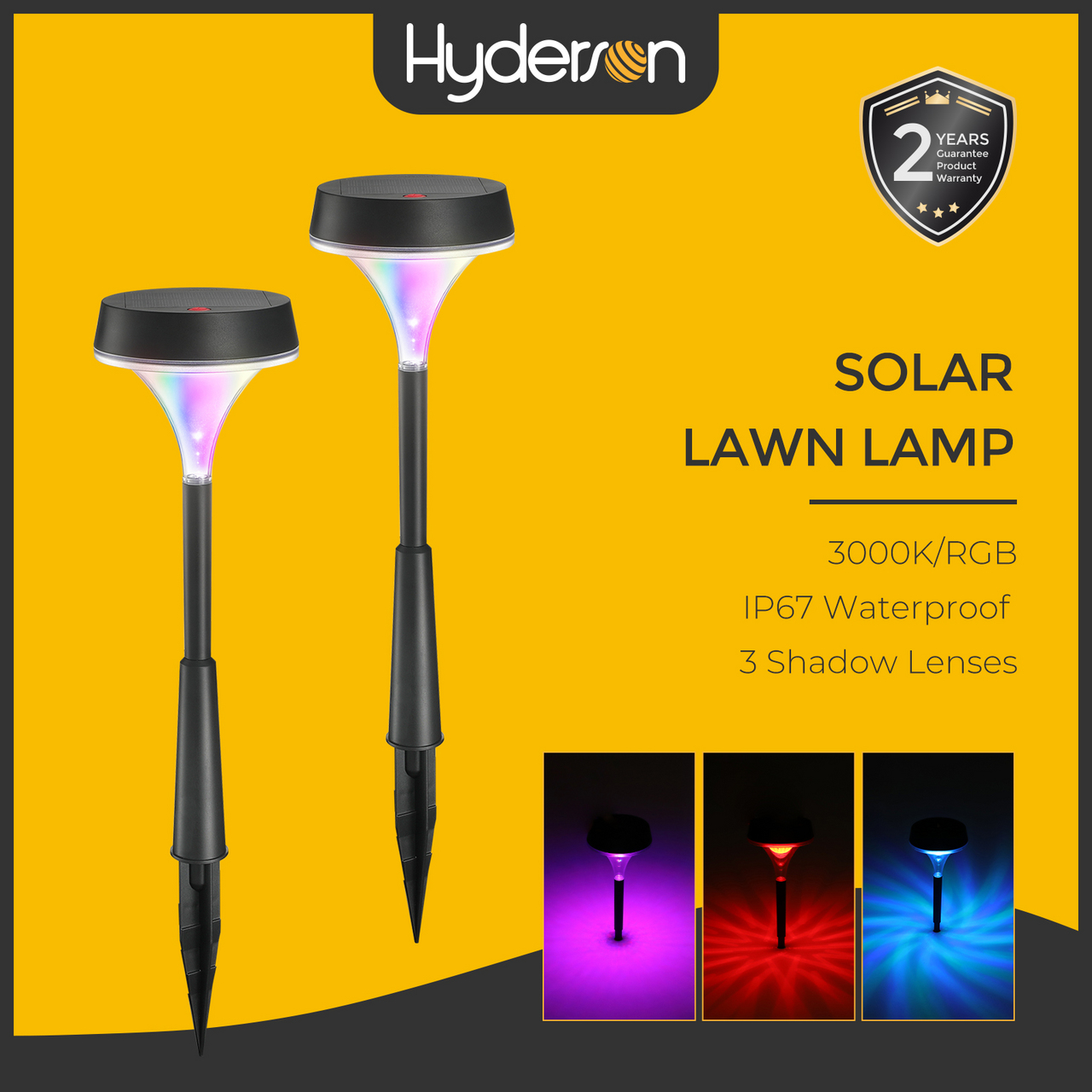 2pcs Hyderson Solar Lights 3000K RGB Emergency Outdoor Solar Garden Lights IP67 Waterproof 150lm Bright LED Landscape Light Solar Walkway Lights for Path Yard Patio Driveway Christmas [2 Years Warrant