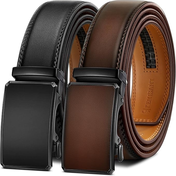 KEMISANT Men Belt 2 Pack, Leather Ratchet Belt Easy Click Slide For Men 1 3/8",Cut for Fit